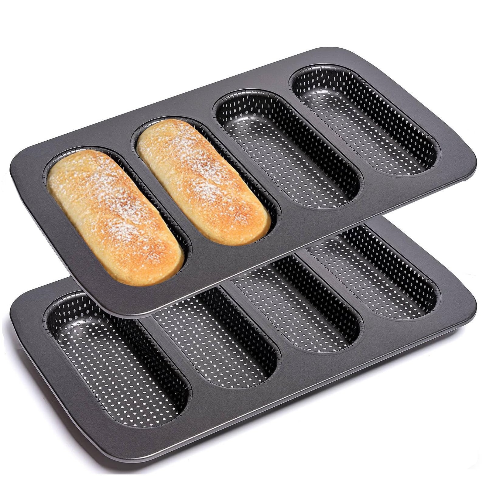 Skoxkoc Nonstick Carbon Steel Hot Dogs Buns Mold Set of 2 French Bread Loaf Pan