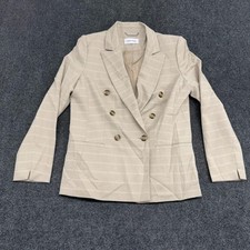 Calvin Klein Blazer Women's 12 Beige Windowpane Check Double Breasted Workwear