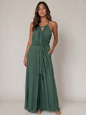 Azazie Dress Womens A6 Green Chiffon Maxi V Neck Tie Waist Bridesmaid Formal