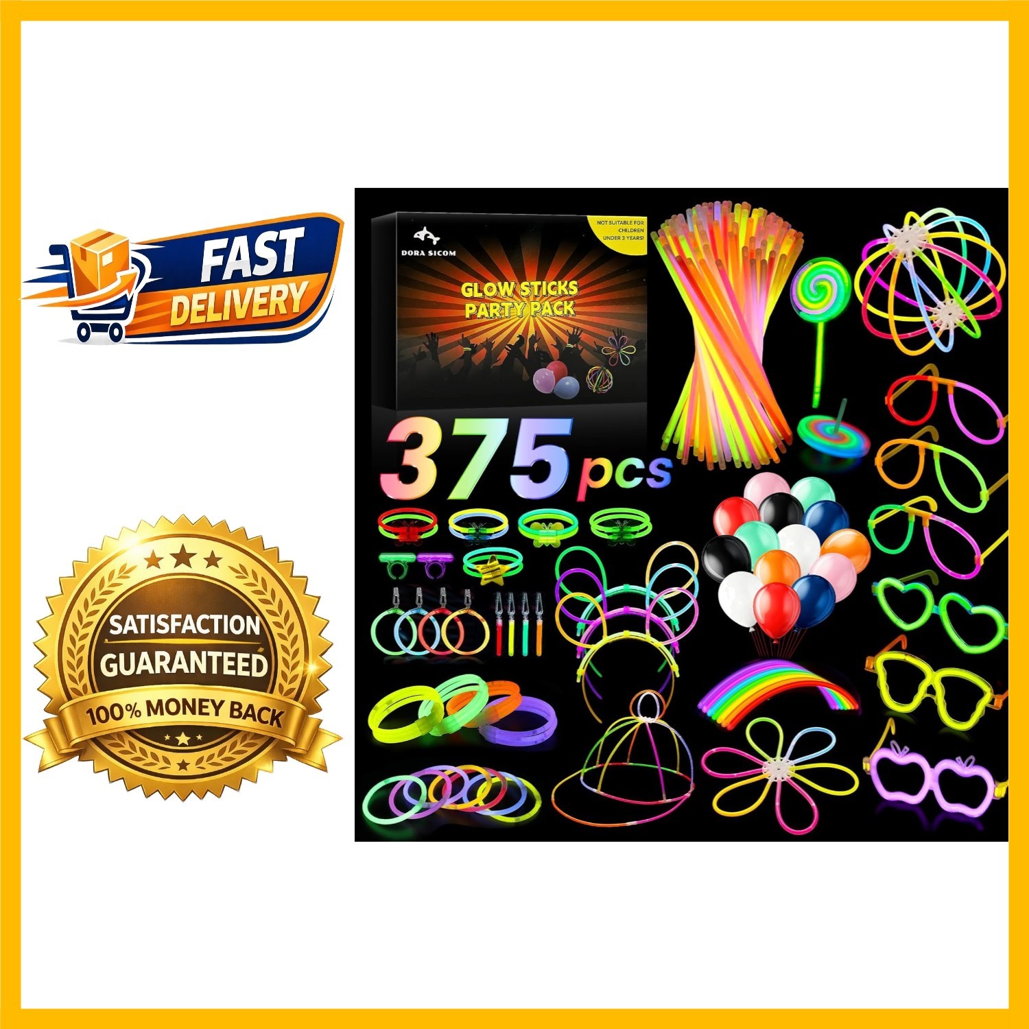 Bracelets fluorescents et bâtons lumineux 375 pcs pour fête d'anniversaire et soirée fluo