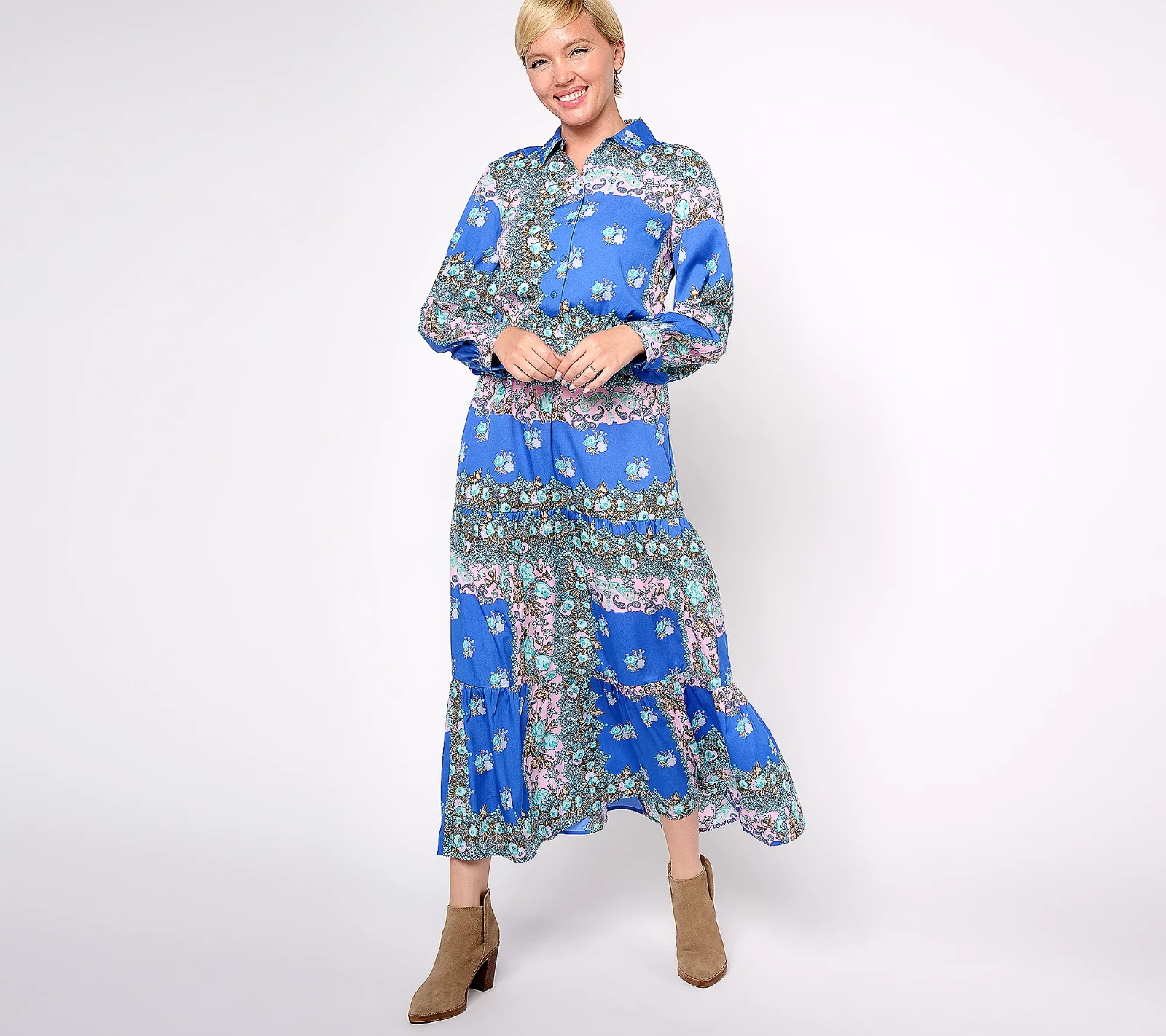 Destination 365 Regular Printed Button-Front Maxi Dress w/ Collar Blue Multi XL