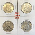 Franklin 90% Silver Half Dollar 50c Lot of 4: 1948-P, 1948-D, 1949-P, 1950-P.