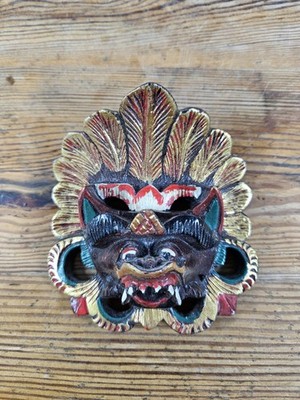 VINTAGE BALINESISCHE BARONG SCHUTZGEIST HOLZ MASKE 10 CM HANDGESCHNITZT WANDDEKO