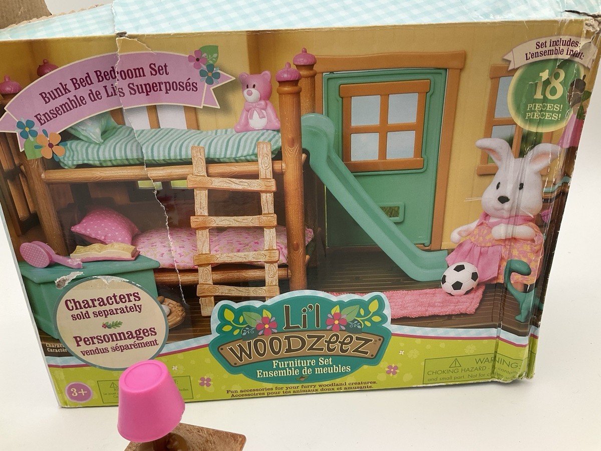 Li'l Woodzeez Ensemble de jeu de lits superposés avec meubles de chambre miniatures et accessoires – Ensemble de jouets de 18 pièces comprenant lit