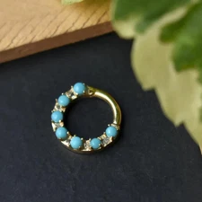 Turquoise 14K Yellow Gold Over Hoop Nose Helix Tragus Daith Septum Clicker Ring