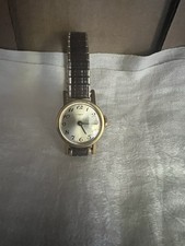 Gold-Tone Round Analog Wristwatch Brown Band Arabic Numerals White Dial