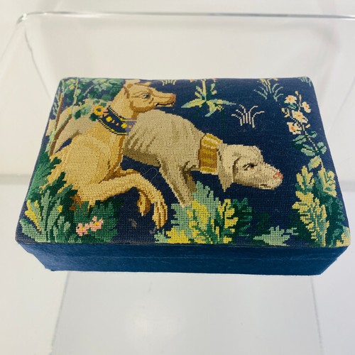 4x6 Two Dogs Needlepoint Silk Trinket Box Petit Blue Sighthound Hunting Jewelry