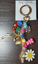 Multicolor Beaded Flower Heart Bag Charm Key Chain, Checkered Metal/Plastic