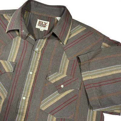 Ely Cattleman Mens Vintage Western Pearl Snap Shirt Brown Striped Short Sleeve M
