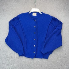 Tally Ho Wool Cardigan Womens Small Blue Wool Puff Sleeve Button Front Vintage