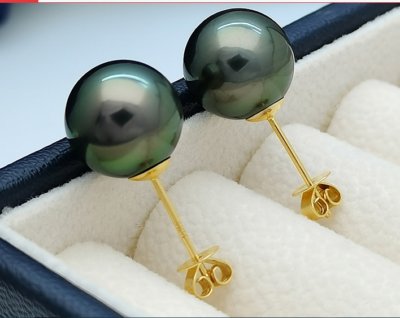 Pair 12-13mm Natural South Sea Genuine black green Round Pearl 