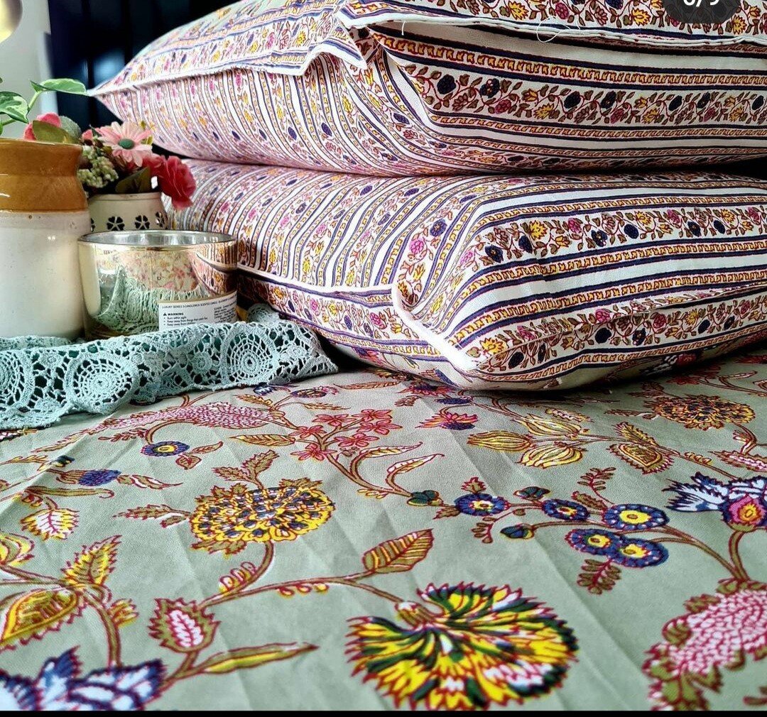 Indian Handblock Print Pure Cotton Bedding Coverlets Kantha King Quilt