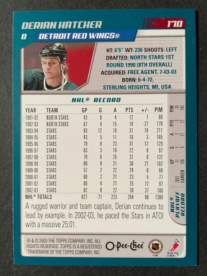 Derian HATCHER 2003-04 O-Pee-Chee Hockey #170 Detroit Red Wings - Image 2 of 2