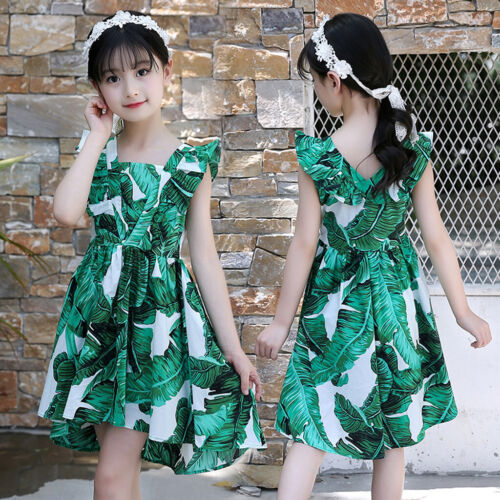 Kids Teen Children Girls Sleeveless Leaf Print Ruched Dress Casual Clothes Green