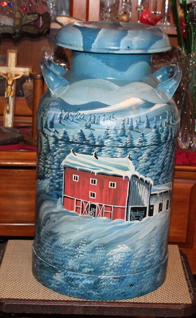 Antique Milk Can Hand Painted Country Farm Snowy Winter Barn-Signed EWALD