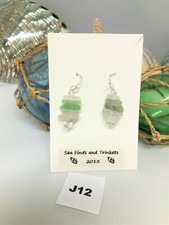 Genuine Surf Tumbled Sea Glass seafoam/white Platinum Silver earwires.J12