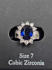Fine Silver Plate Cubic Zirconia Blue stone Cocktail Ring Size 7 New
