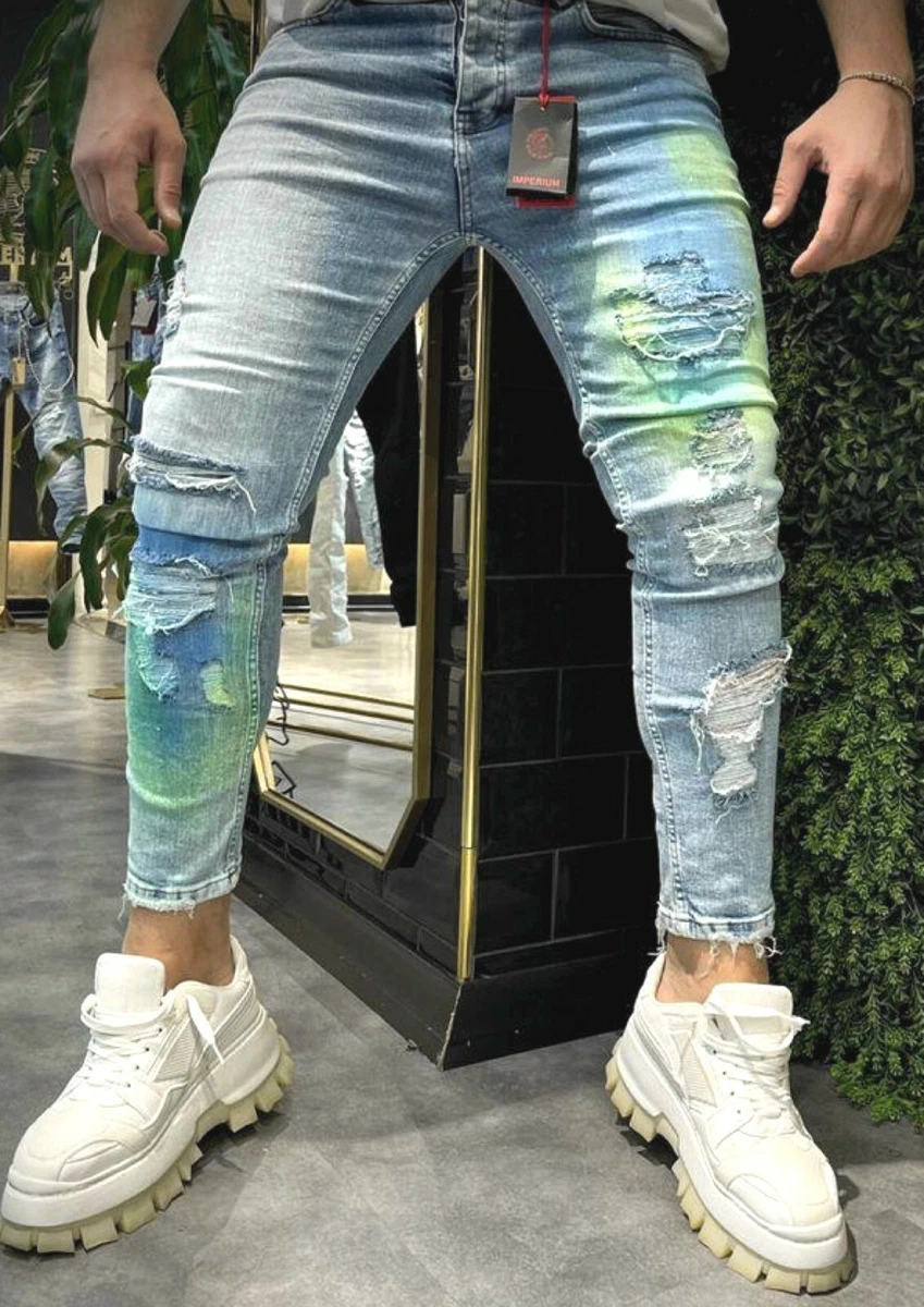Homme Coupe Slim Extensible Jean D chir Motard Jeans D lav Pantalon Imperium