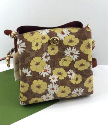 COACH C9721 Willow Bucket Tote Signature Canvas Yellow Floral Print Tan NWT