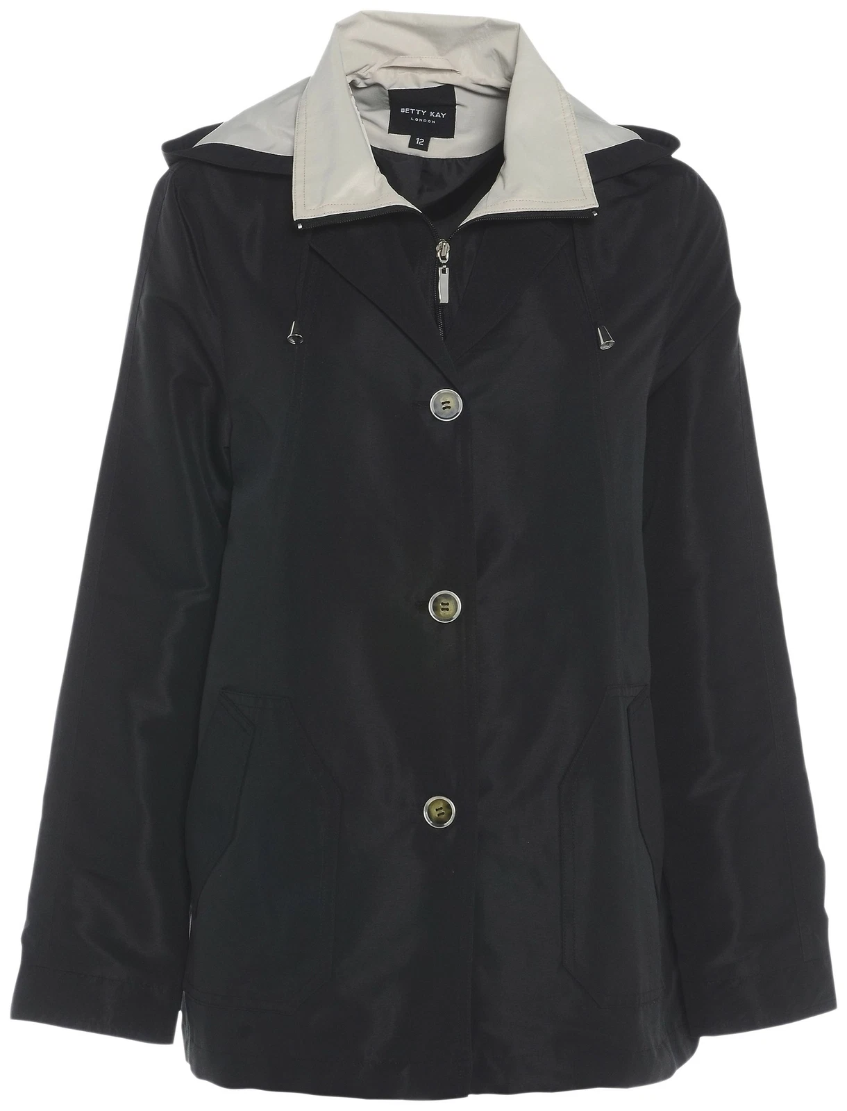 Womens Black Jacket With Beige Collar And Inner Hood Lightweight Coat