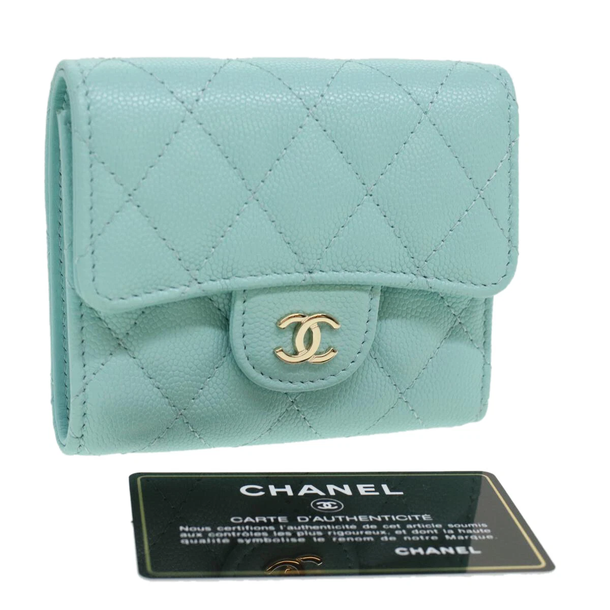 CHANEL Trifold Wallet Caviar Skin Light Blue CC Auth am3599