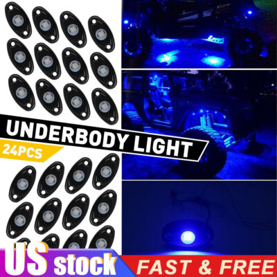 24Pcs Blue LED Rock Light Pods Underbody Glow Lamp Offroad SUV Pickup Truck UTV