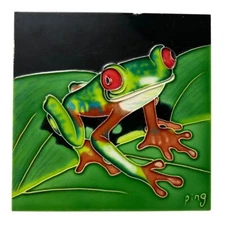 Handcrafted Red-Eyed Tree Frog Ceramic Tile Wall Decor Signed Ping Relief 8x8