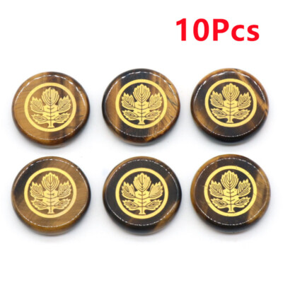10Pcs 25x5mm Tiger Eye Gem Carved Maple Leaf Undrilled Round Reiki Stone HT2532