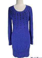 Bisou Bisou Women Long Sleeve knit Beaded Sheath Sweater Dress Size L Blue 131A