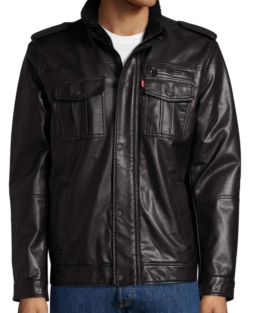 LEVI’S MILITARY SHERPA COAT JACKET BLACK FAUX LEATHER MEDIUM M NEW $160 FASTSHIP image 1