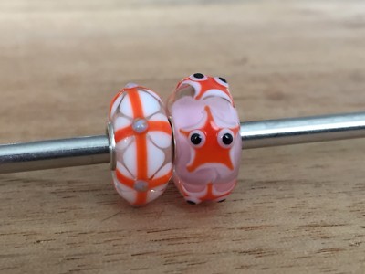 2 Set! Trollbeads Ooak Uniques Viecher Stern Fisch Splat Pink Base Orange Viecher
