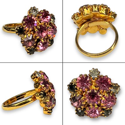 Vintage Gold Tone Pink Black Rhinestone Cluster Burst Ring