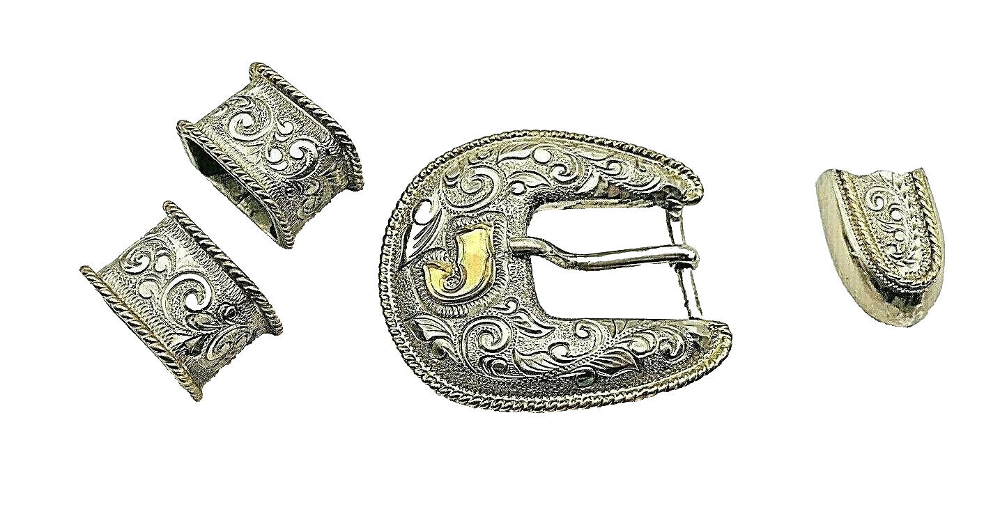 Women Silver Plate Initial J Belt Buckle Round Loops Tip Country Western Rodeo