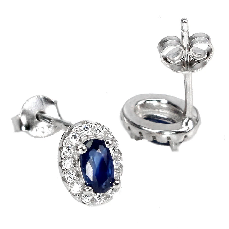 925 Sterling Silver Oval Blue Sapphire 5x3mm Simulated Cz  Earrings - Image 3 of 4