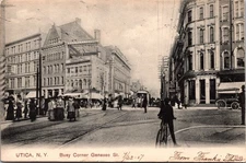 Postcard NY Utica Busy Corner autos trolley PCK series