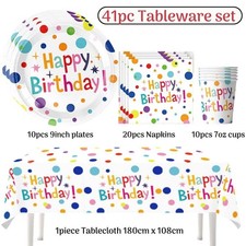 Polka Dot Multicolour Birthday Tableware set Plates Table cloth Party decoration