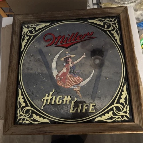 Vtg 1979 Miller High Life Beer Girl On Moon Bar Mirror Sign Wood Frame 18X 18