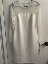 Calvin Klein White Long-Sleeve Sheath Dress with Rhinestone Mesh Yoke