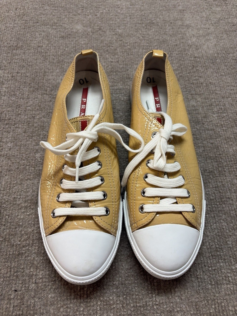 Prada Linea Rossa Yellow Patent Leather Sneakers Low Top Lace Up