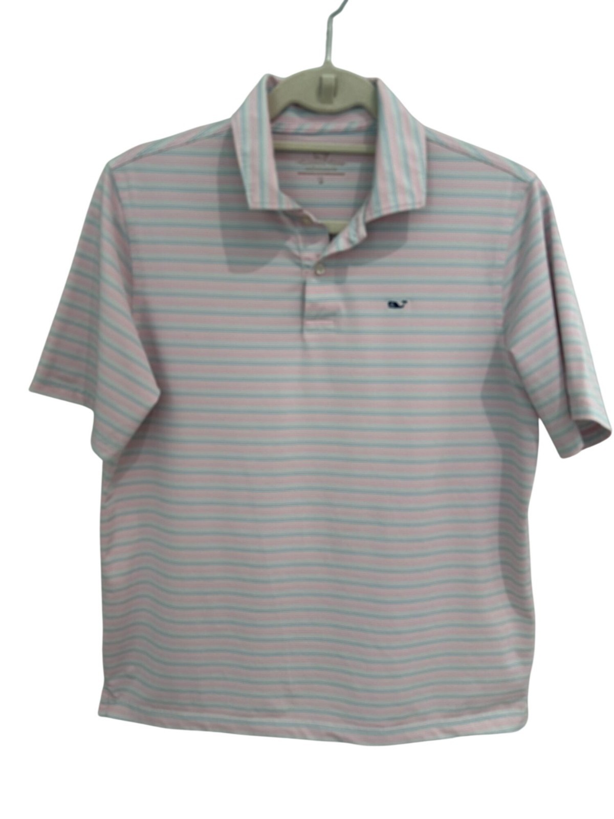 Vineyard Vines Boys XL 18 Performance Polo Shirt Pink Blue Striped Short Sleeve