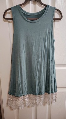 LOGO Layers Lori Goldstein Womens Top Medium Sage Sleeveless Tunic Lace Trim