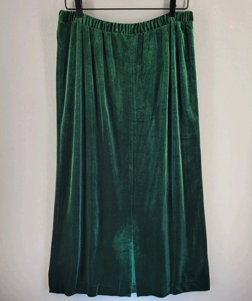 VTG Quacker Factory Green Velvet Maxi Skirt L 90s Pull-On Christmas Holiday Glam - Image 2 of 4