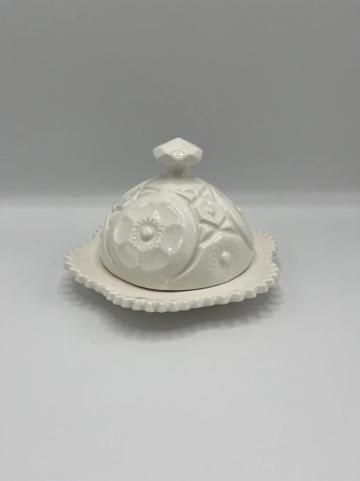 Vintage White Butter Dish Ceramic Lidded Trinket Bowl Cheese Dish Mid Century