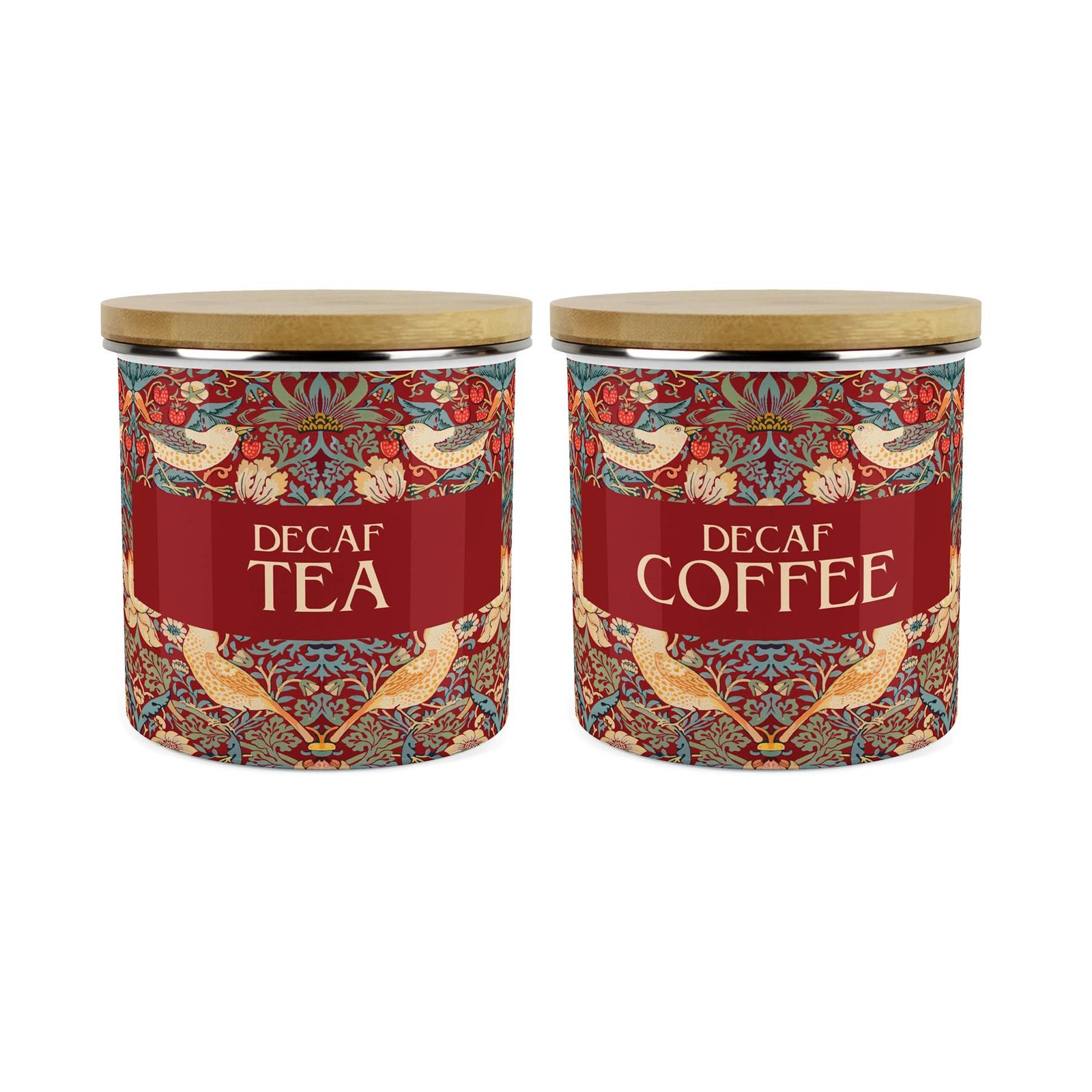 Red Strawberry Thief Decaf Tea & Coffee Storage Canisters Set - Homewares Gifts