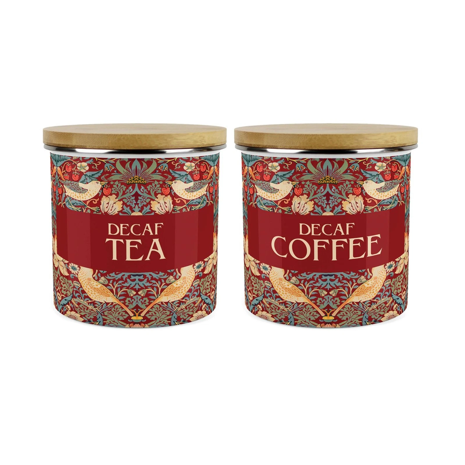 Red Strawberry Thief Decaf Tea & Coffee Storage Canisters Set - Homewares Gifts
