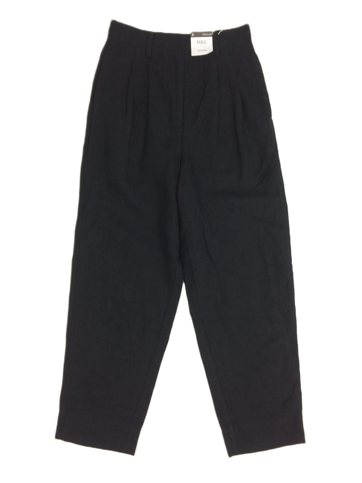 M&S Women's Trousers Black Tapered Leg High Rise Pleat Waist Pockets Linen New
