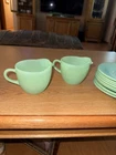 2 Fire King Jadeite  Jane Ray Ribbed Creamers and 8 Matching Saucers,