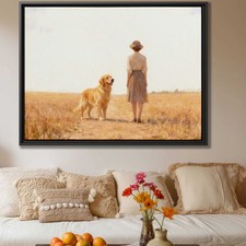 Rural Landscape Oil Painting Golden Retriever Dog Canvas Print Wall Art Decor