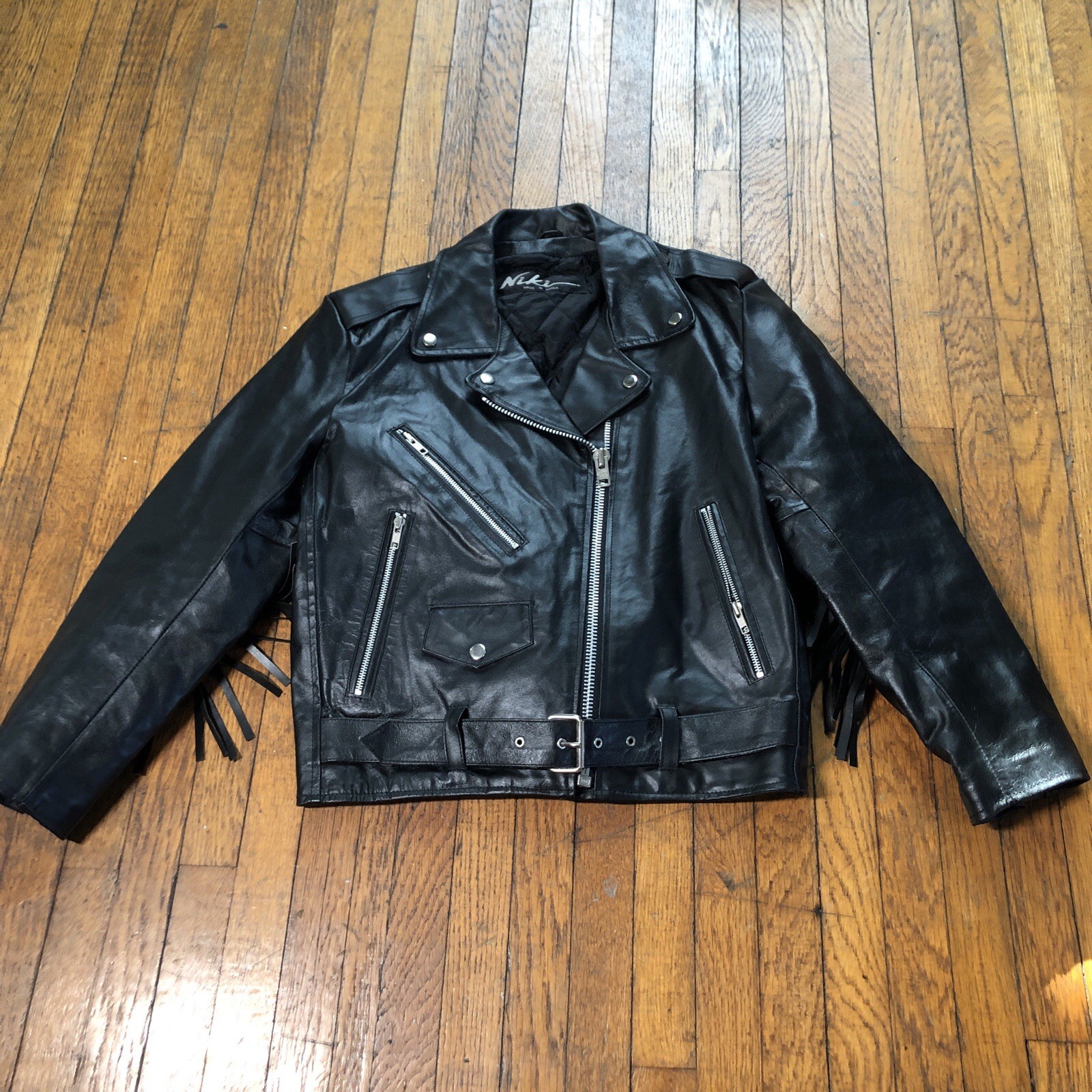 Vintage Niki Leather Fringe Motorcycle Jacket Mens Size M Black Belted Biker 80s