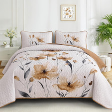 Floral Quilt Set Queen Size, 3 Pieces Brown Bedspread Coverlet Set, Lightweight
